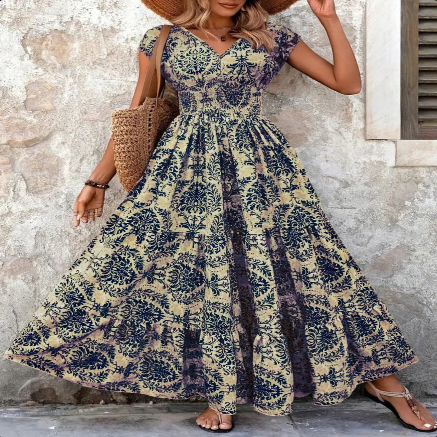 Vintage Floral Print V-Neck Short Sleeve Maxi Dress