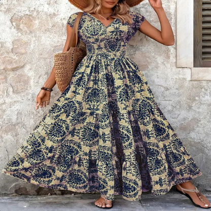 Vintage Floral Print V-Neck Short Sleeve Maxi Dress