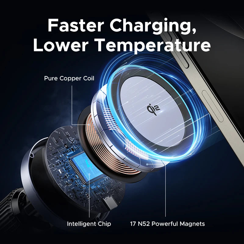 15W Magnetic Wireless Car Charger Phone Holder with LED Light for iPhone 16, 17 Pro Max & MagSafe Compatible Devices
