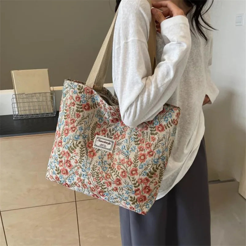 Embroidery Floral Canvas Handbags Delicate Blossom Pattern Tote Shoulder Bag for Women, Casual Outing, Work, Everyday Essentials