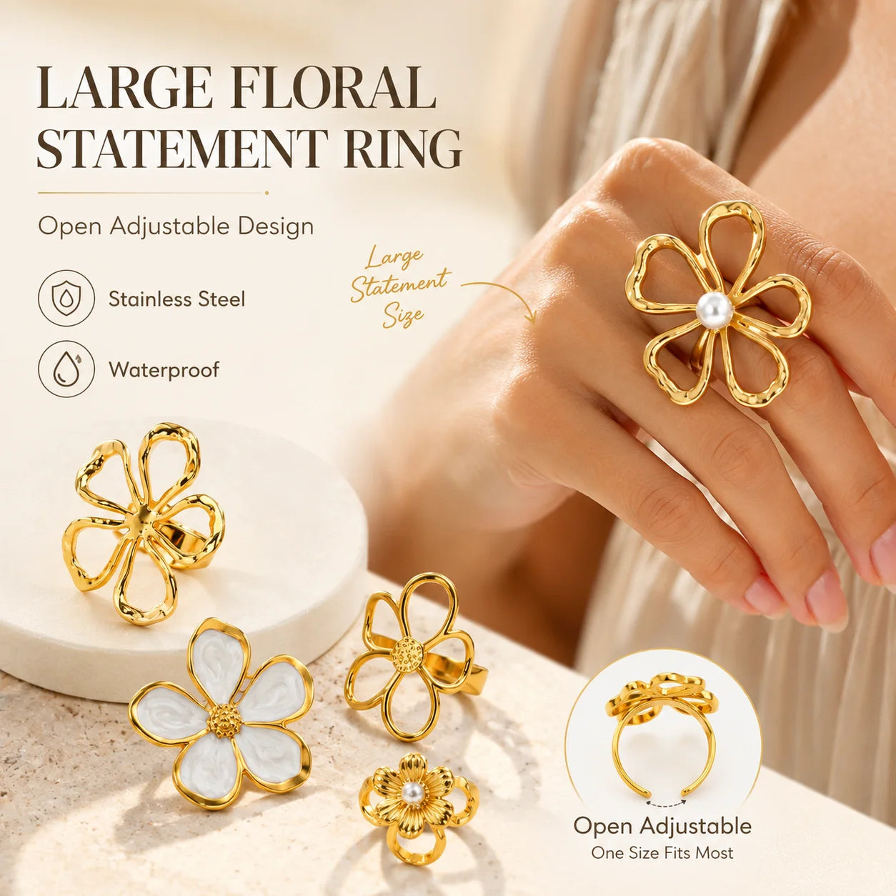 18K Gold Plated Vintage Hollow Floral Statement Ring for Women