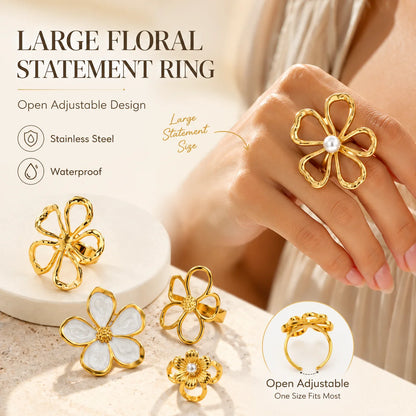 18K Gold Plated Vintage Hollow Floral Statement Ring for Women