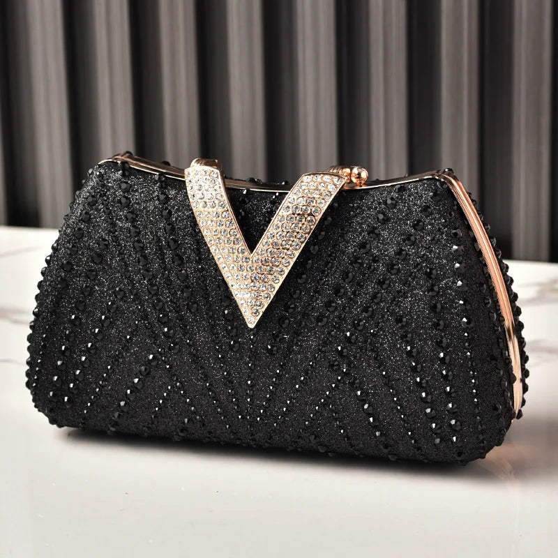 Silver Party Bag Diamond Wedding Inspired Designer Handbags for Women V Hasp Luxury Quality  Rhinestone Shoulder Crossbody Bags