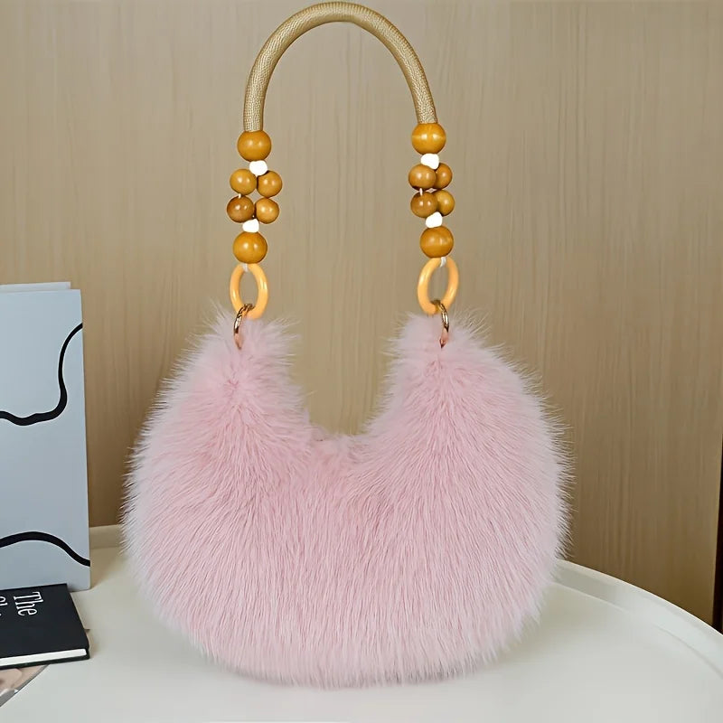 Women's Faux Handbag, Plush Faux Tote Purse with Bead Accented Strap, Zipper Closure Elegant Handbags Shoulder Bags for Everyday