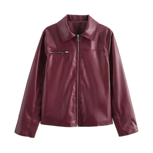Faux Leather Lapel Zipper Jacket