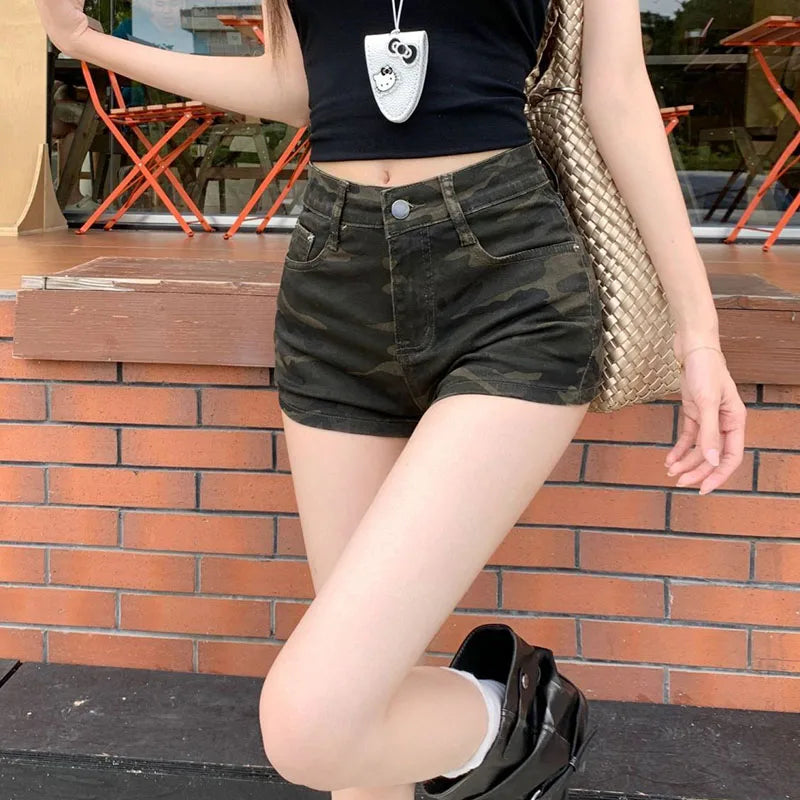 High Waist Camouflage Denim Shorts