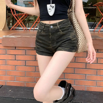 High Waist Camouflage Denim Shorts