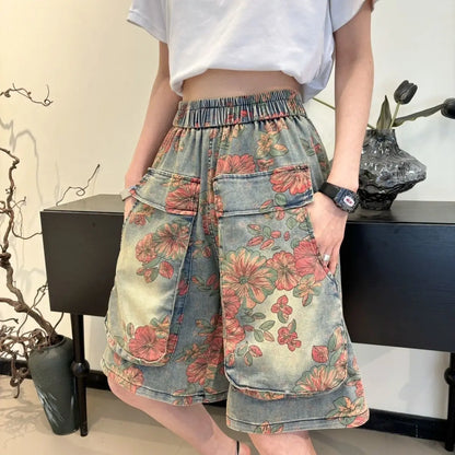 High Waist Floral Print Denim Shorts with Utility Pockets