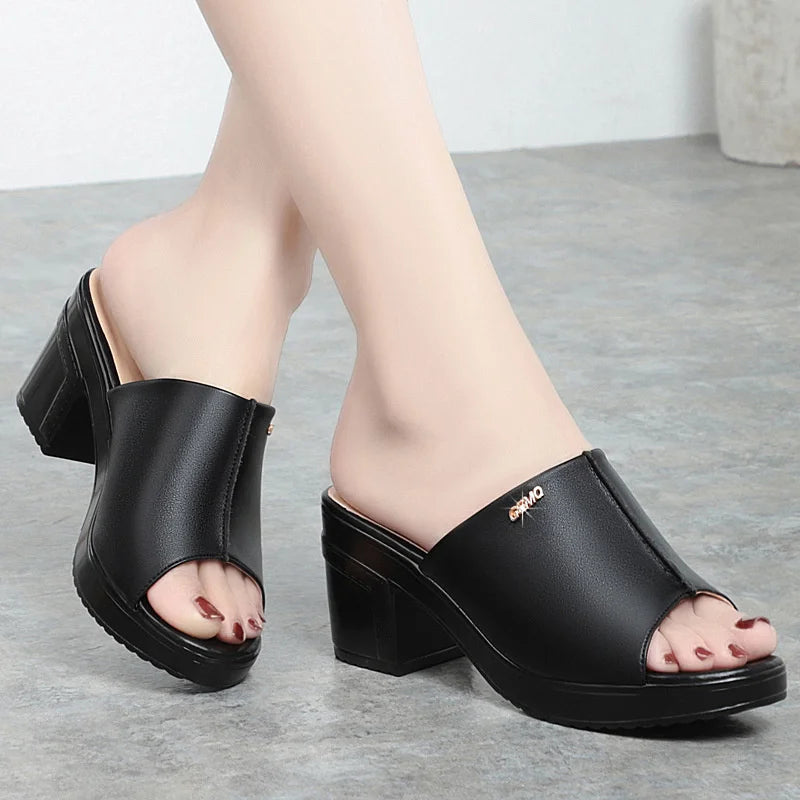 Women's Platform Peep Toe Mule Sandals with Chunky Heel