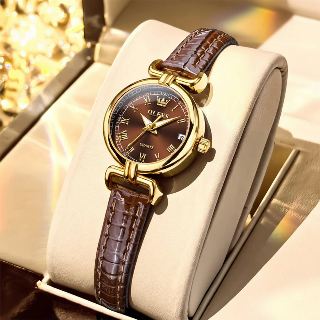 Luxury Vintage Gold Quartz Wrist Watch with Roman Numeral Dial & Leather Strap