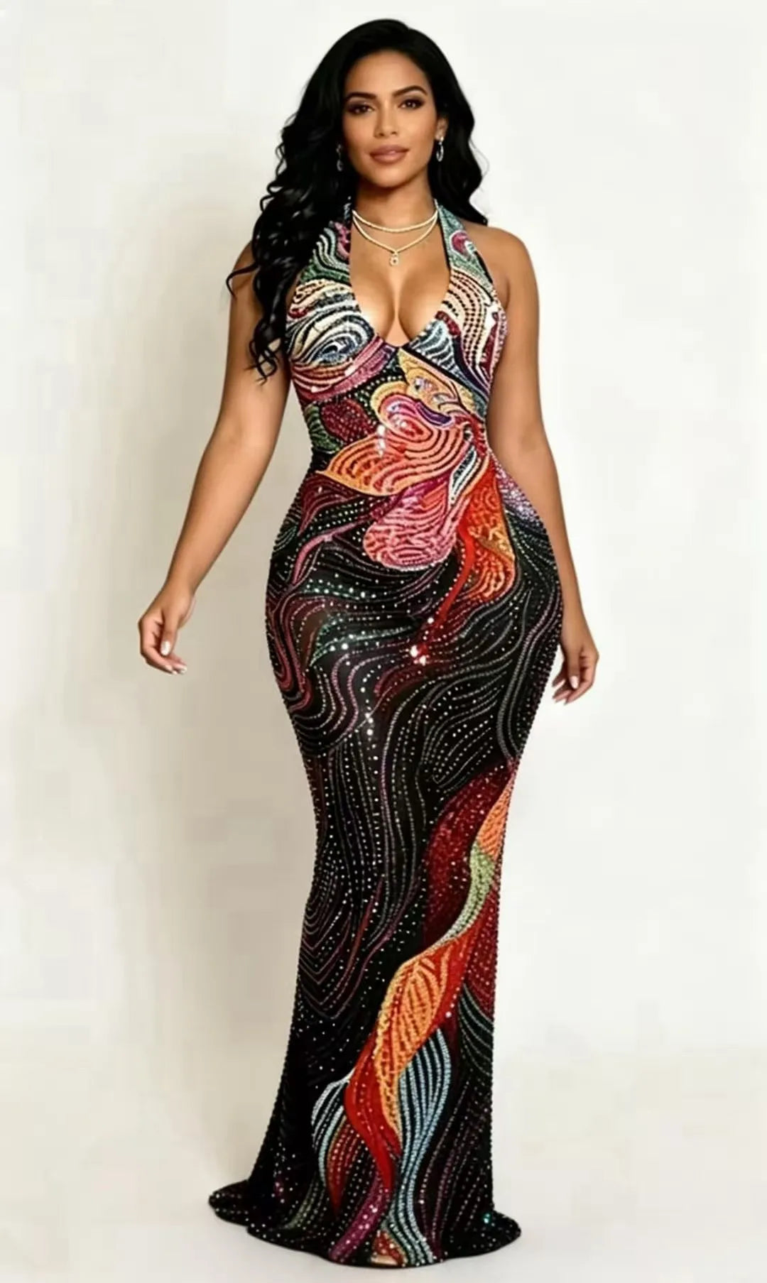 Plus Size Sheer Mesh Party Dress with Low Back & Rhinestone Detail