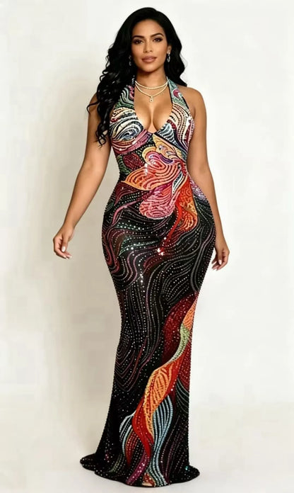 Plus Size Sheer Mesh Party Dress with Low Back & Rhinestone Detail