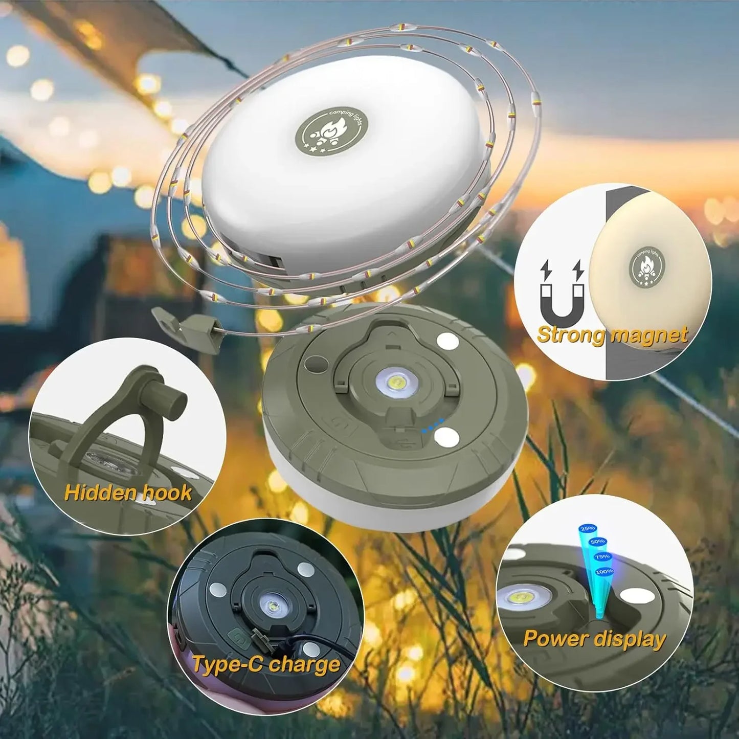 4-in-1 Rechargeable Camping Light with String Lights