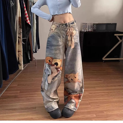 High-Waist Colorful Bear Print Straight-Leg Denim Jean