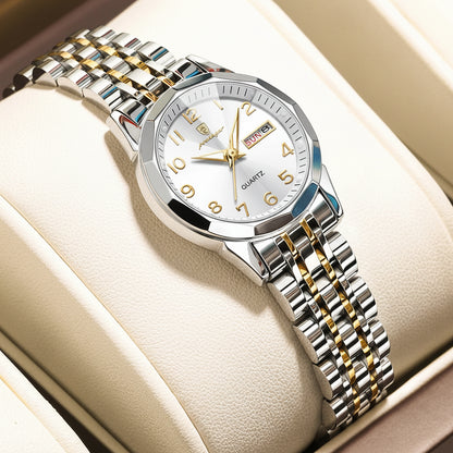 Luxury Stainless Steel Quartz Wrist Watch with Luminous Week & Date Display
