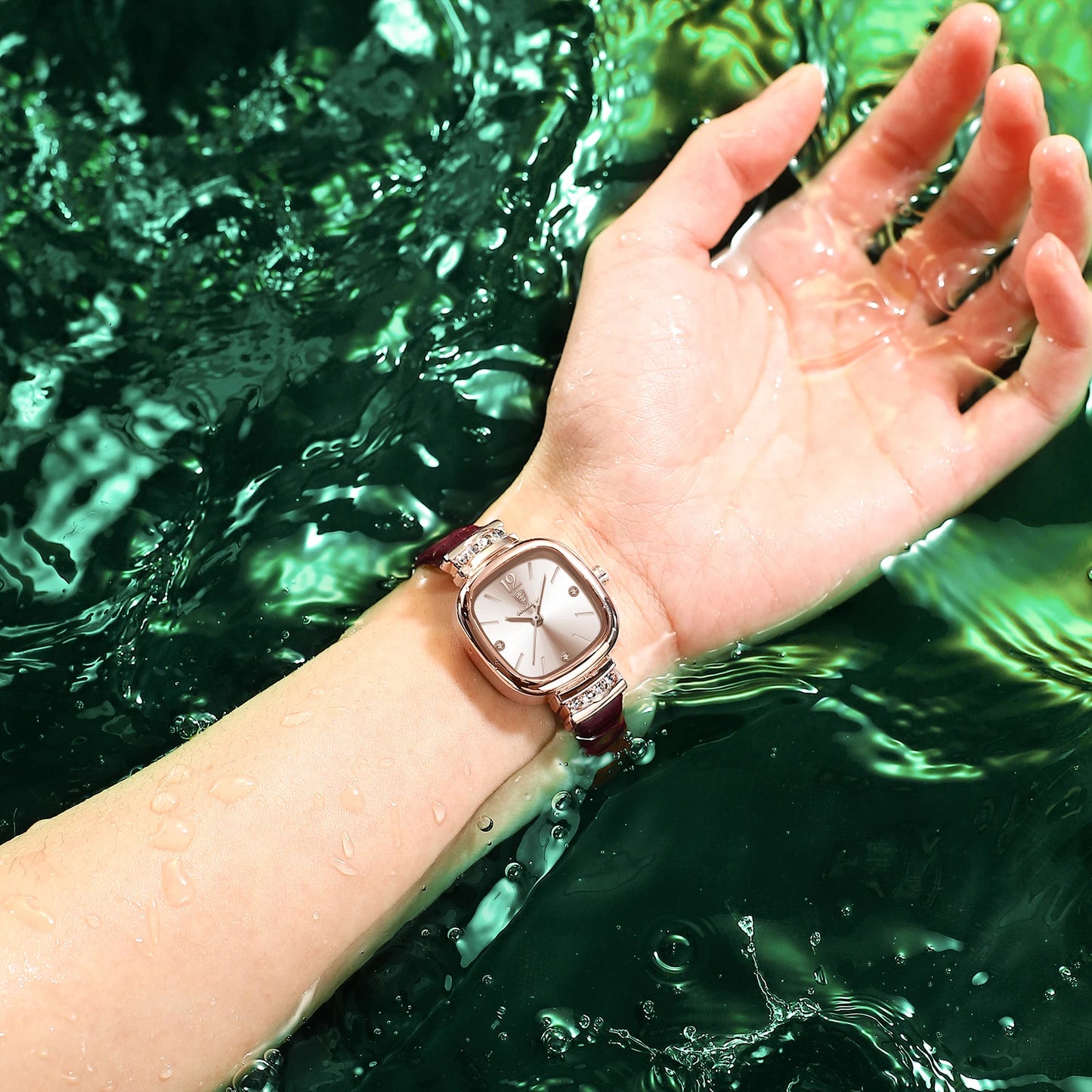 Luxury Square Leather Quartz Wrist Watch with Crystal Accents