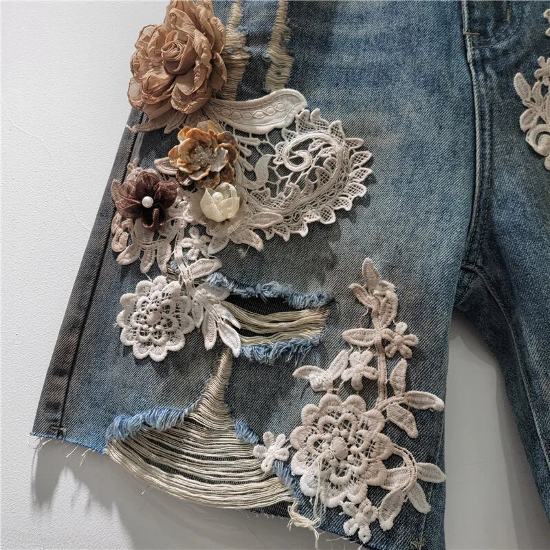 Lace Patchwork Wide Leg Denim Shorts