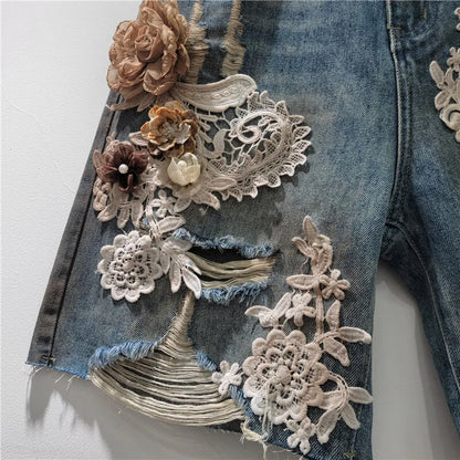 Lace Patchwork Wide Leg Denim Shorts
