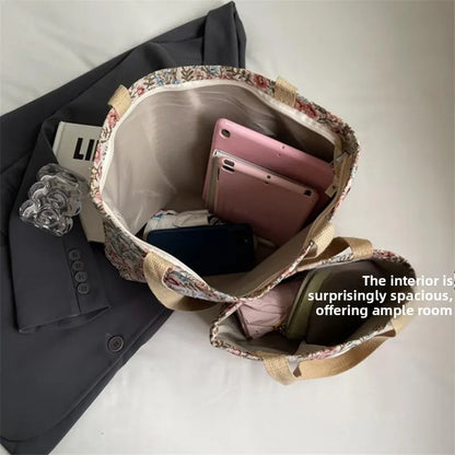 Embroidery Floral Canvas Handbags Delicate Blossom Pattern Tote Shoulder Bag for Women, Casual Outing, Work, Everyday Essentials