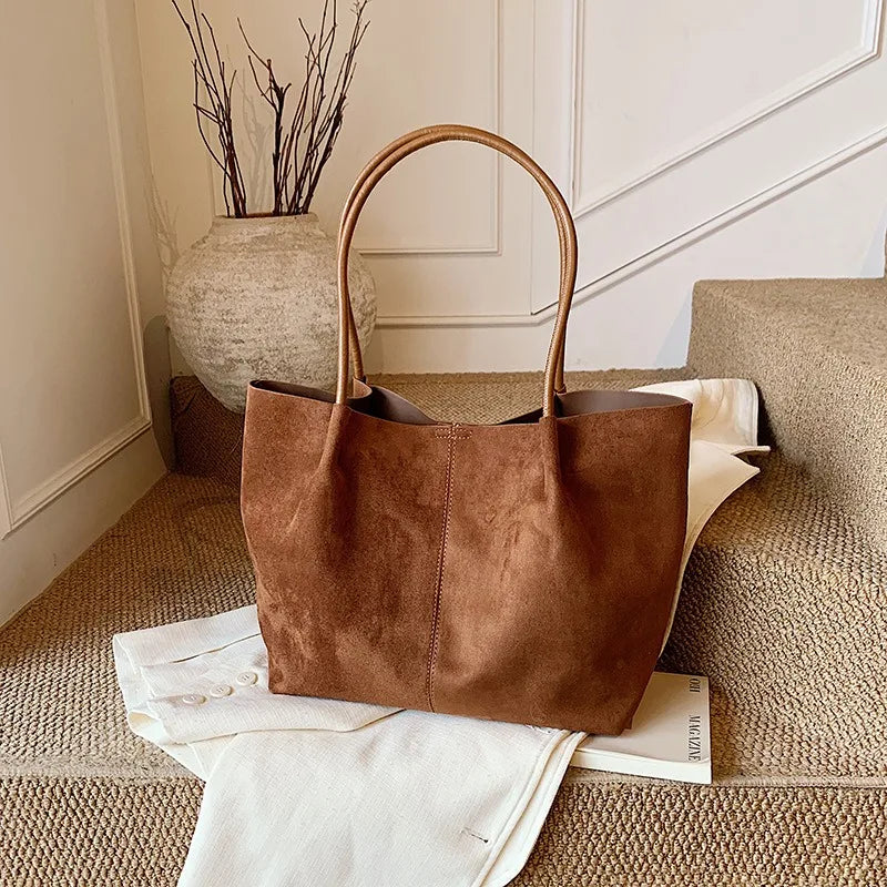 Vintage Suede Tote Bag Set Large Handbags Shoulder Bag with Zipper Pouch, Retro Faux Suede Composite Bag Handbag Purse for Women