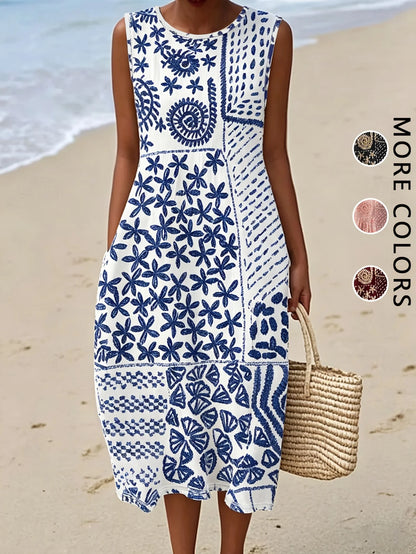 Sleeveless Bohemian Floral Midi Dress with Pockets