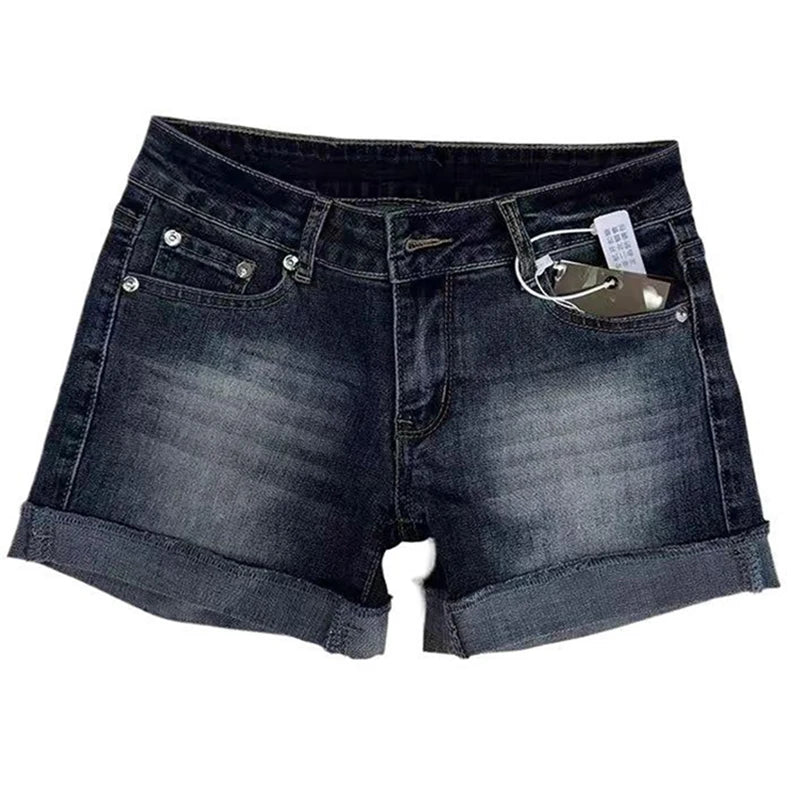 Low Rise Deep Blue Distressed Denim Shorts with Roll-Up Hem