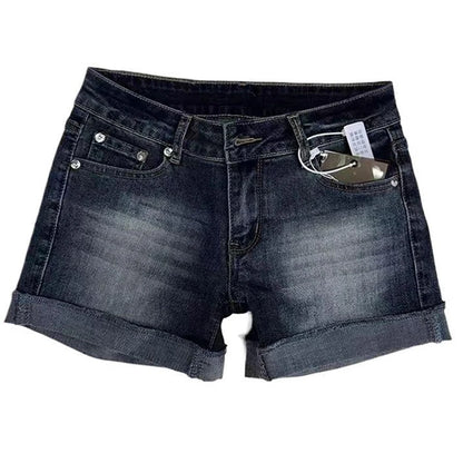 Low Rise Deep Blue Distressed Denim Shorts with Roll-Up Hem