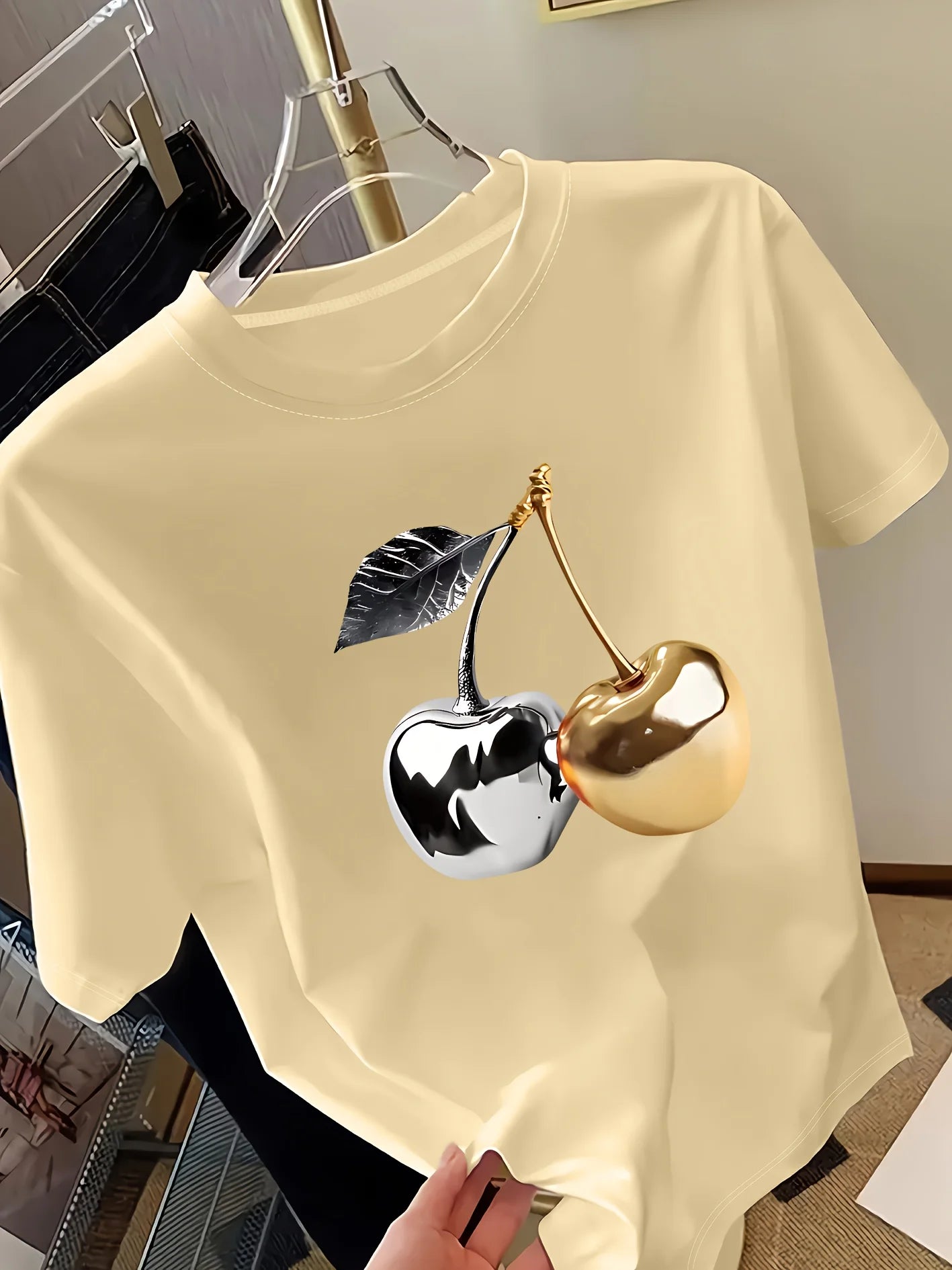 Golden Cherry Print Short Sleeve Casual T-Shirt