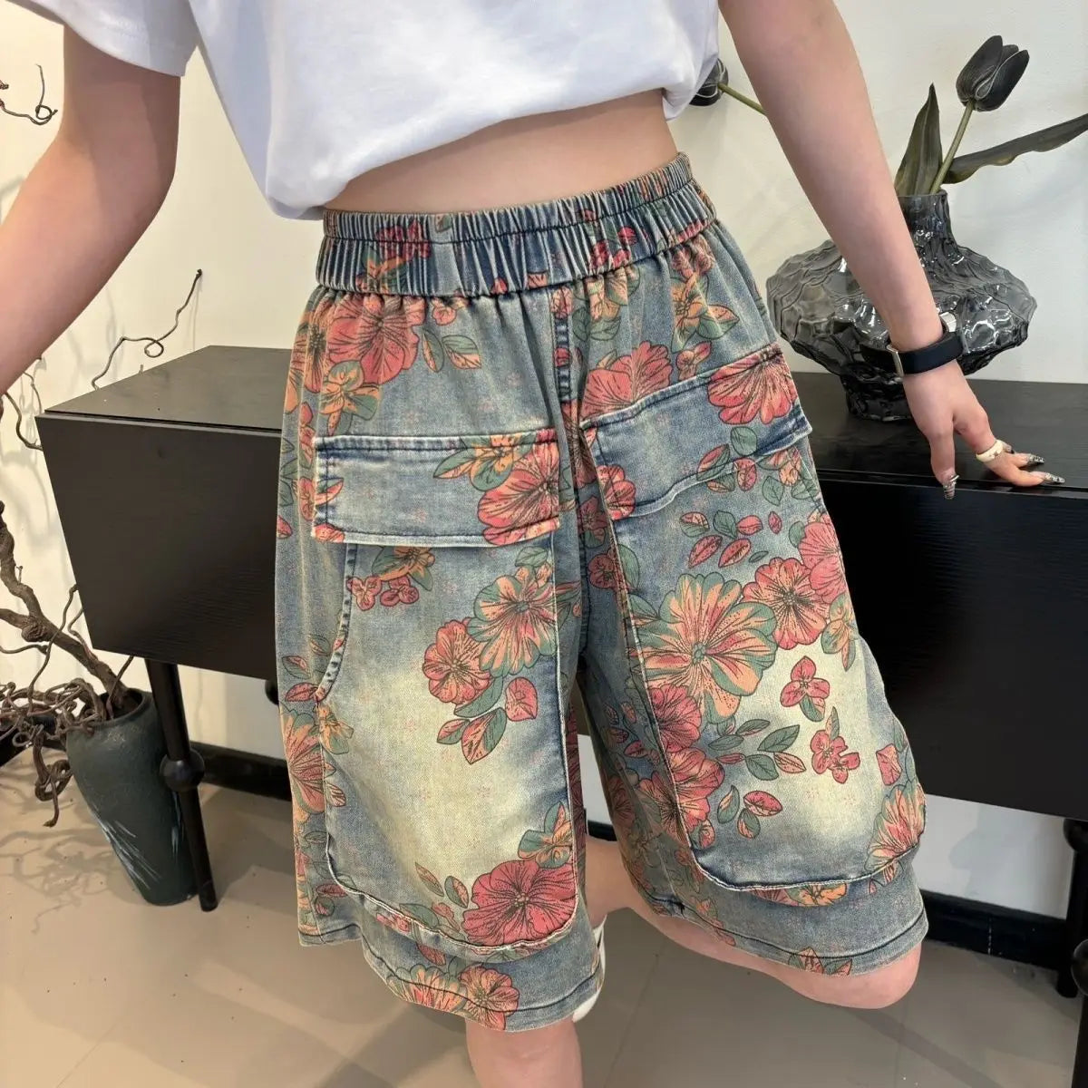 High Waist Floral Print Denim Shorts with Utility Pockets