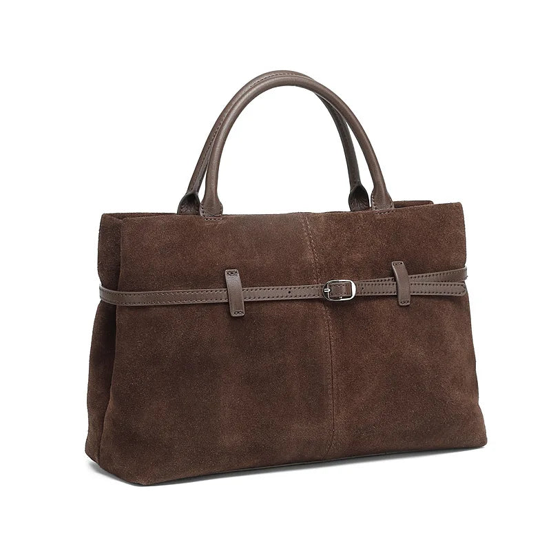 BURMINSA Large Genuine Suede Leather Work Tote Bag Women Vintage Cowhide Top Handle Shoulder Bag Daily Office Commuter Handbags