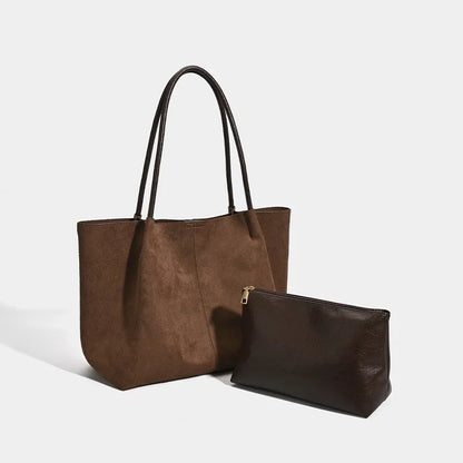 Vintage Suede Tote Bag Set Large Handbags Shoulder Bag with Zipper Pouch, Retro Faux Suede Composite Bag Handbag Purse for Women