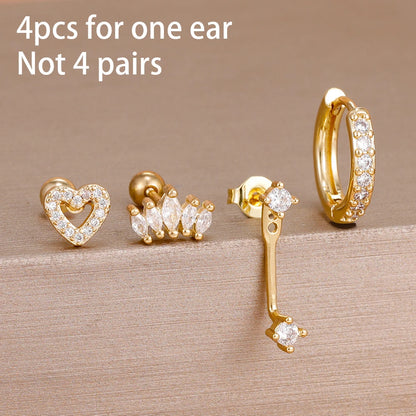 4-Piece Stainless Steel Zircon Huggie Hoop Earrings Set for Women