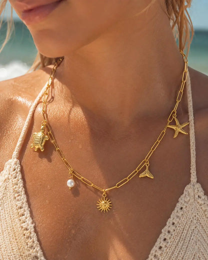 18K Gold Plated Stainless Steel Beach Charm Necklace with Pearl, Shell & Starfish