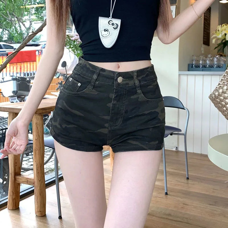 High Waist Camouflage Denim Shorts