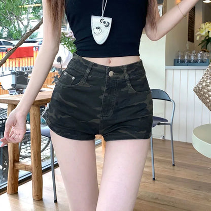 High Waist Camouflage Denim Shorts