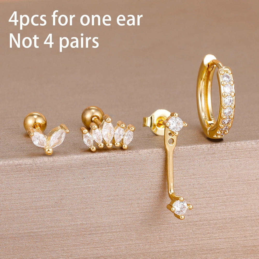 4-Piece Stainless Steel Zircon Huggie Hoop Earrings Set for Women