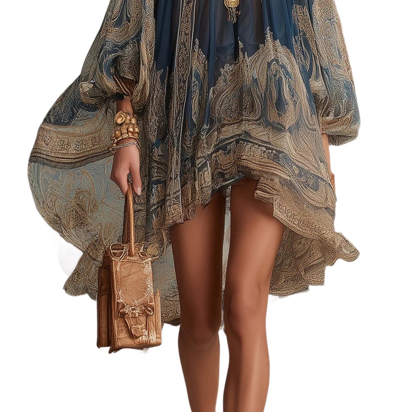 Printed High Neck Long Sleeve Chiffon Maxi Dress