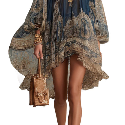 Printed High Neck Long Sleeve Chiffon Maxi Dress