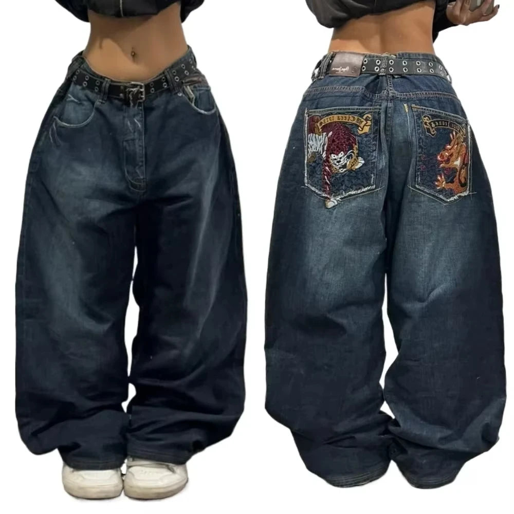 Relaxed Fit Wide Leg Denim Pants with Geometric Embroidery