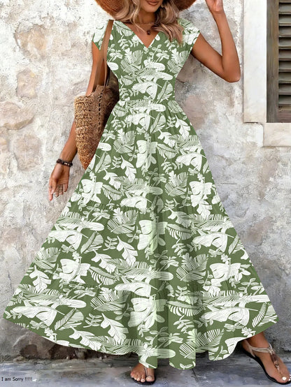 Vintage Floral Print V-Neck Short Sleeve Maxi Dress