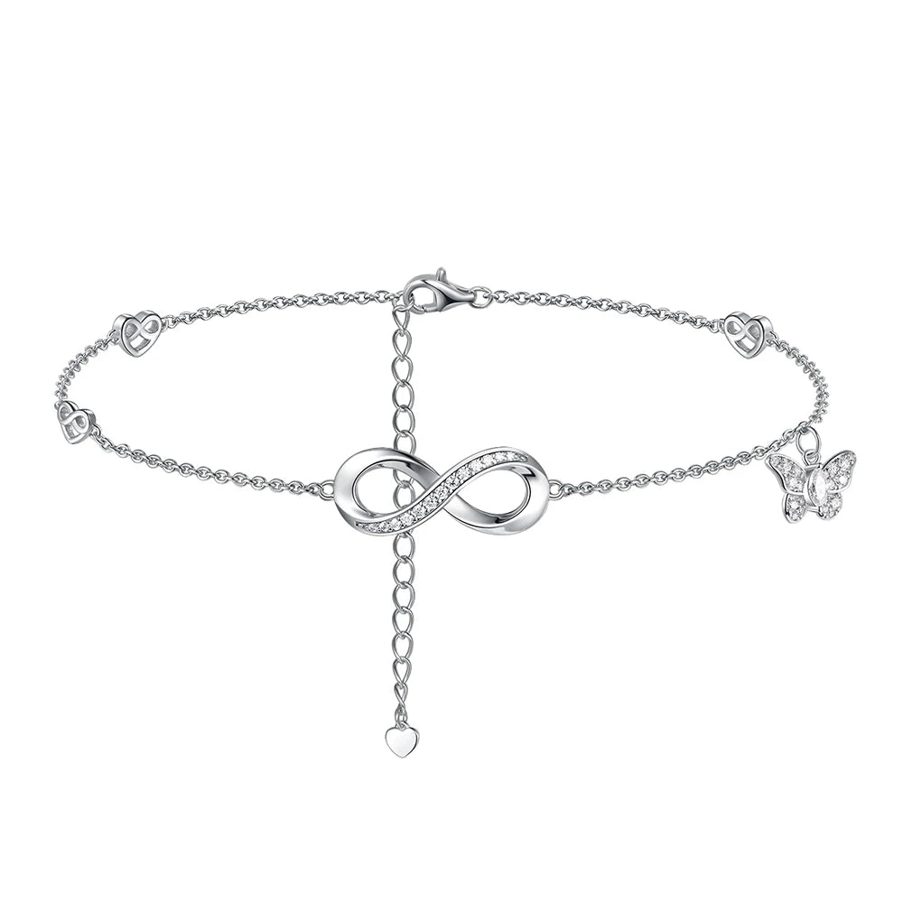 925 Sterling Silver Moissanite Anklet with Infinity, Heart & Butterfly Charms