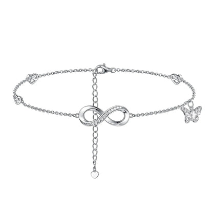 925 Sterling Silver Moissanite Anklet with Infinity, Heart & Butterfly Charms