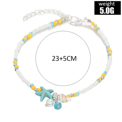 Bohemian Turquoise Starfish Beaded Anklet with Adjustable Chain