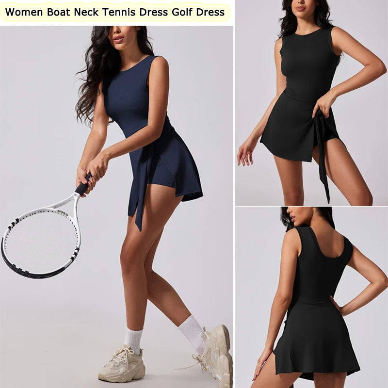 Sleeveless Athletic Tennis Dress with Built-In Shorts & Boat Neck