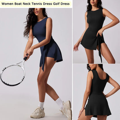 Sleeveless Athletic Tennis Dress with Built-In Shorts & Boat Neck