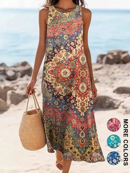Sleeveless Bohemian Floral Midi Dress with Pockets
