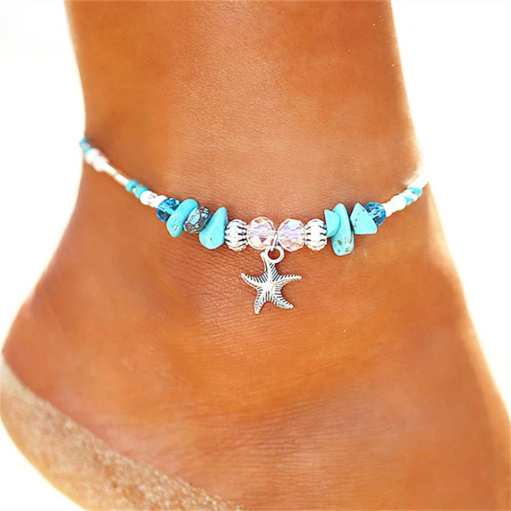 Bohemian Turquoise Starfish Beaded Anklet with Adjustable Chain