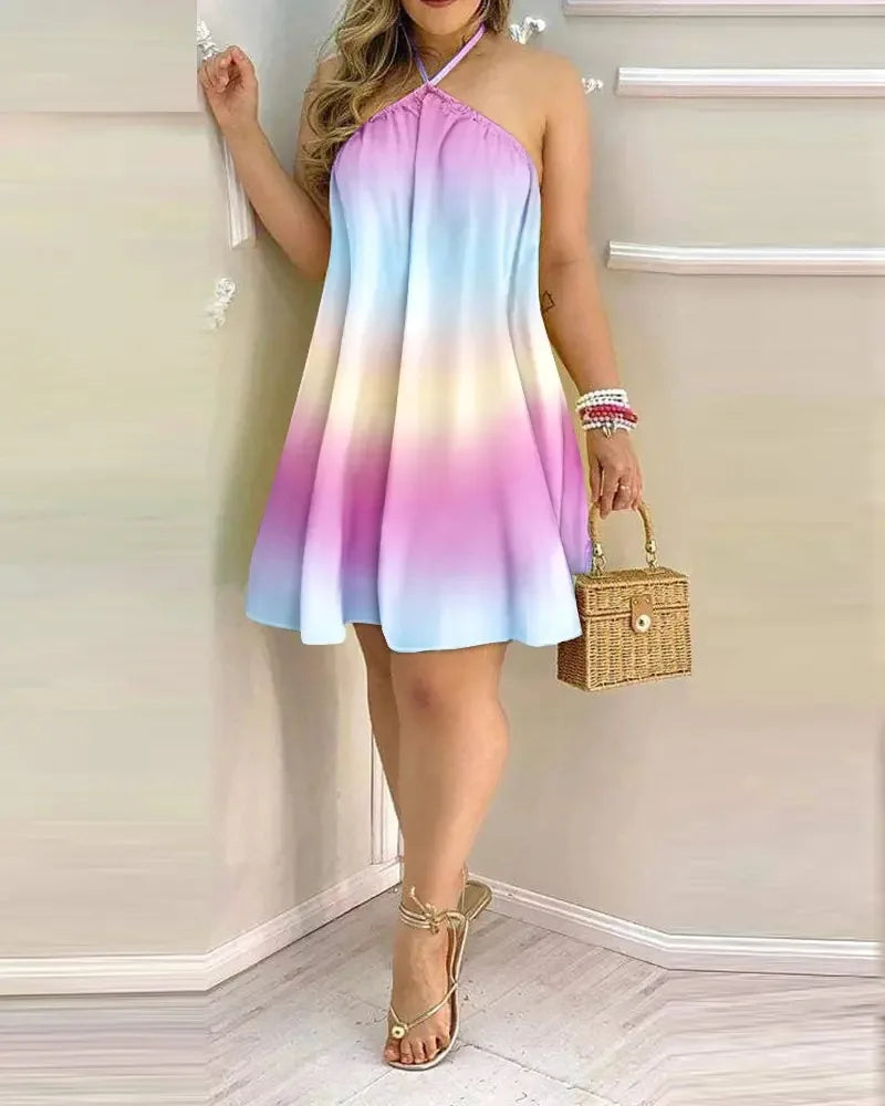 Bohemian Floral Print Halter Neck Backless Dress