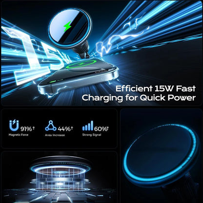 15W Magnetic Wireless Car Charger Air Vent Mount with Fast Charging for iPhone 15, 16 & 17