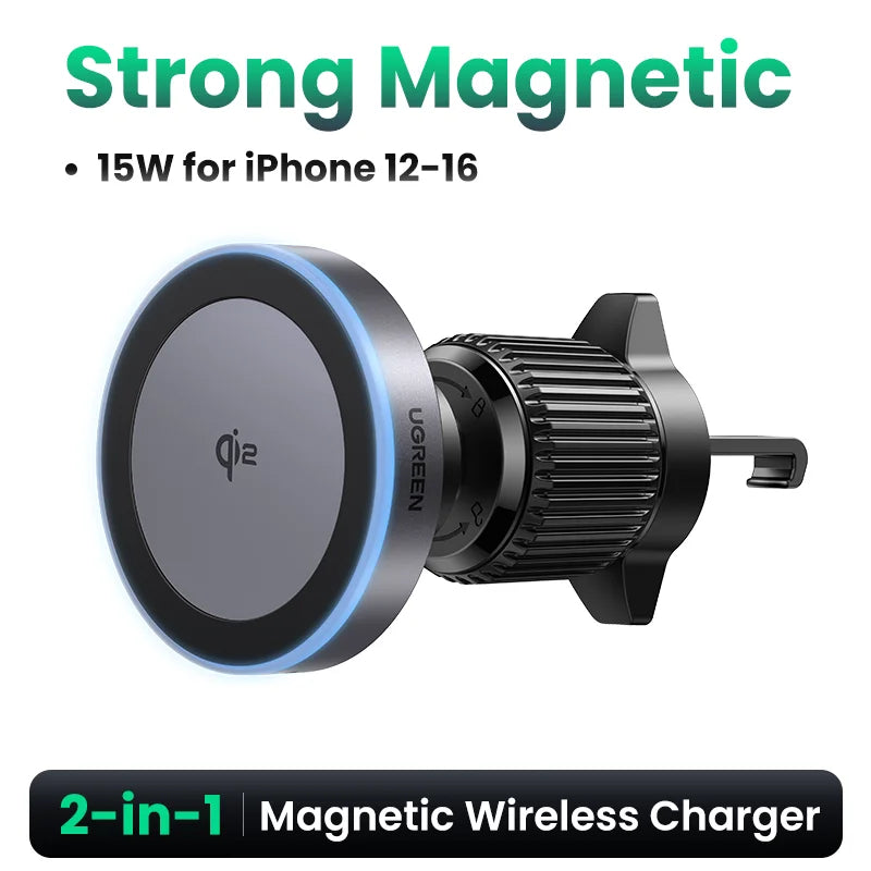 15W Magnetic Wireless Car Charger Phone Holder with LED Light for iPhone 16, 17 Pro Max & MagSafe Compatible Devices